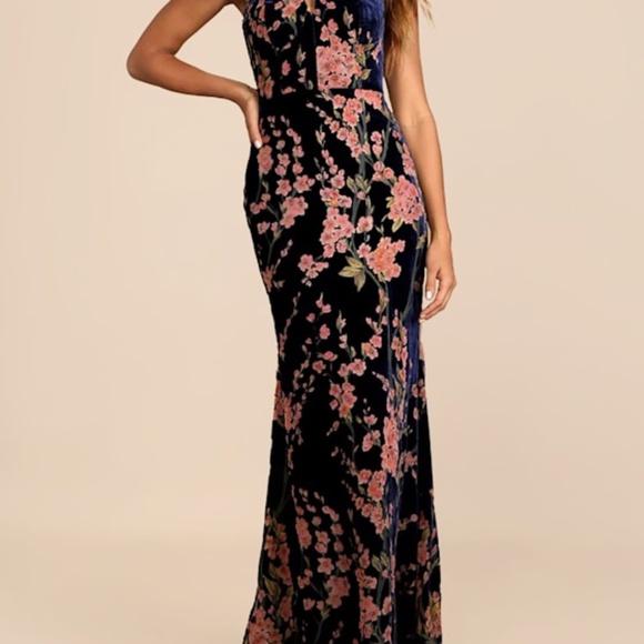 Lulus Bloom In Mind Navy Blue Floral Print Velvet Strapless Maxi Dress - Size S - Picture 1 of 1